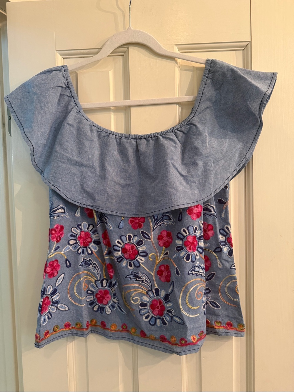 Chambray Top with Beautiful Multi Color Embroidery by Skies Are Blue NWT